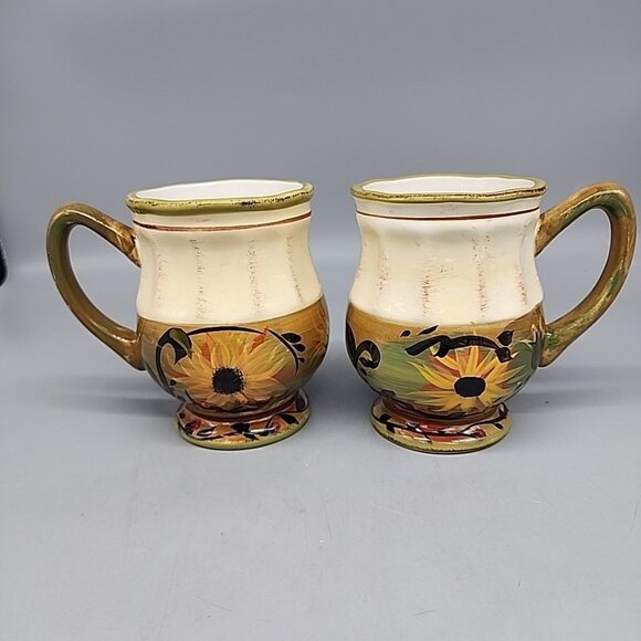 2 DISCONTINUED CERTIFIED INTERNATIONAL "SUNFLOWER" FOOTED MUGS MARGARET LE VAN - Picture 1 of 6